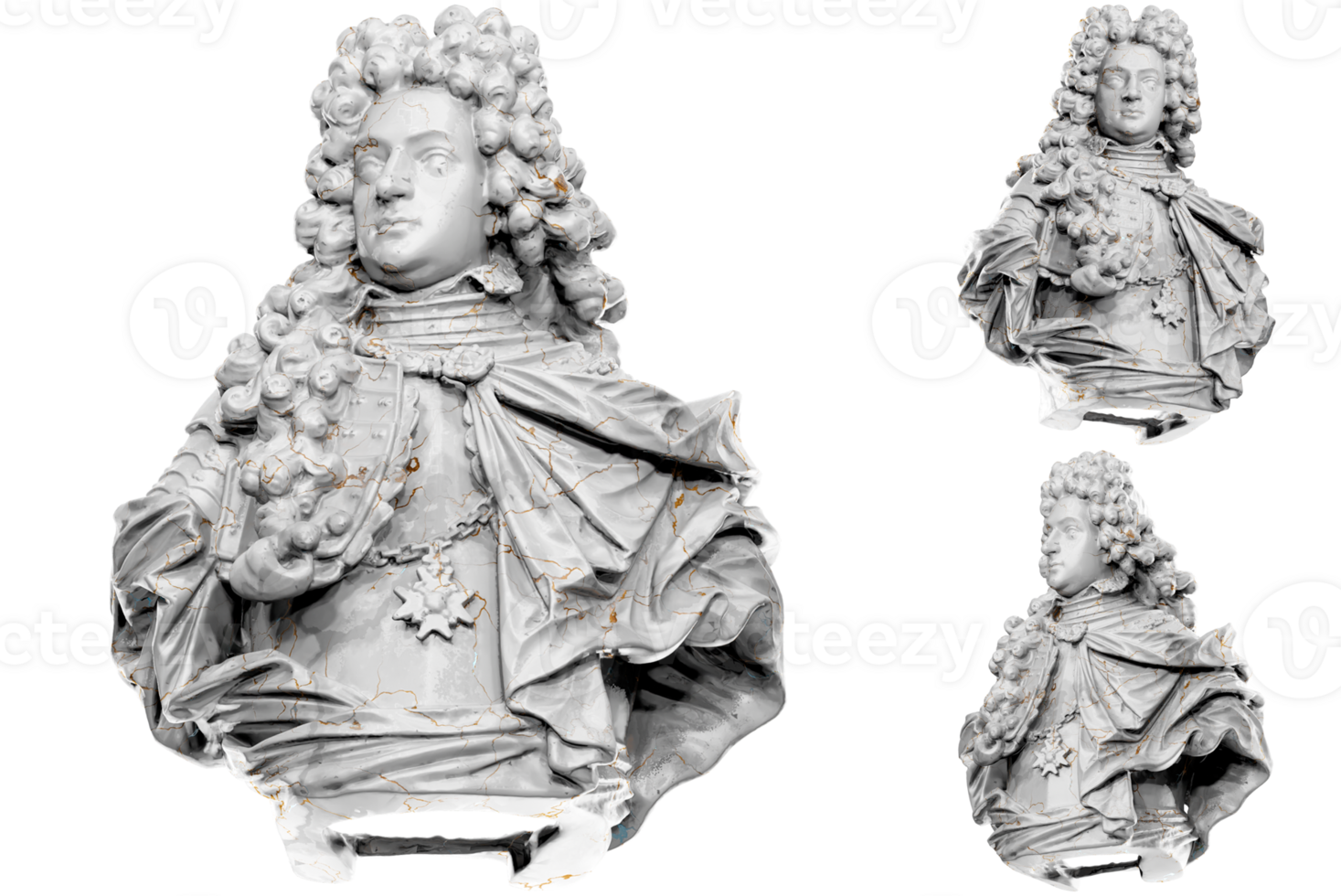 3D render of a historical bust statue with stone texture gold accents. Ideal for historical design png