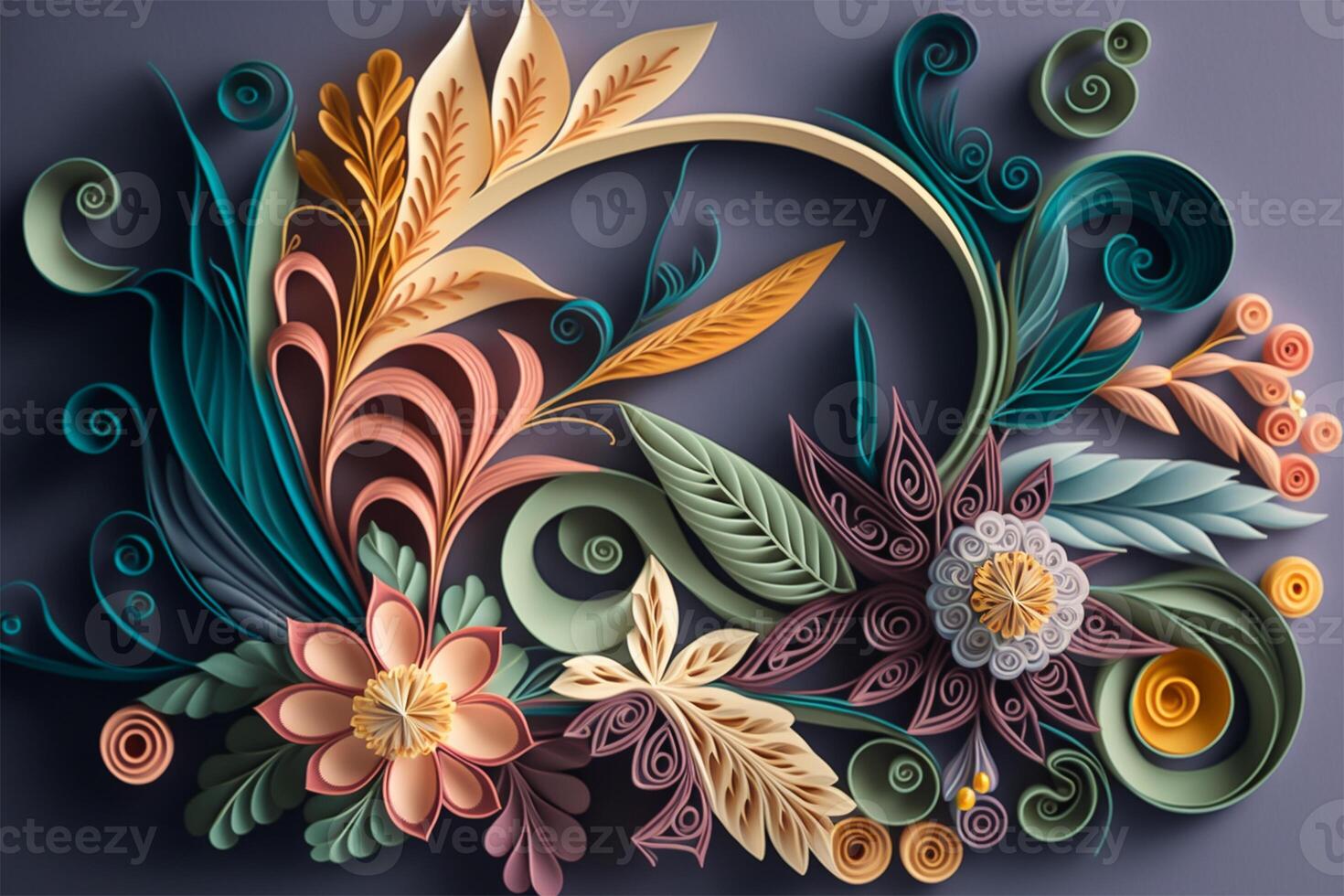 Flower bouquet arrangement in paper quilling style isolated on dark background. Beautiful decorative paperwork ornament. illustration. photo