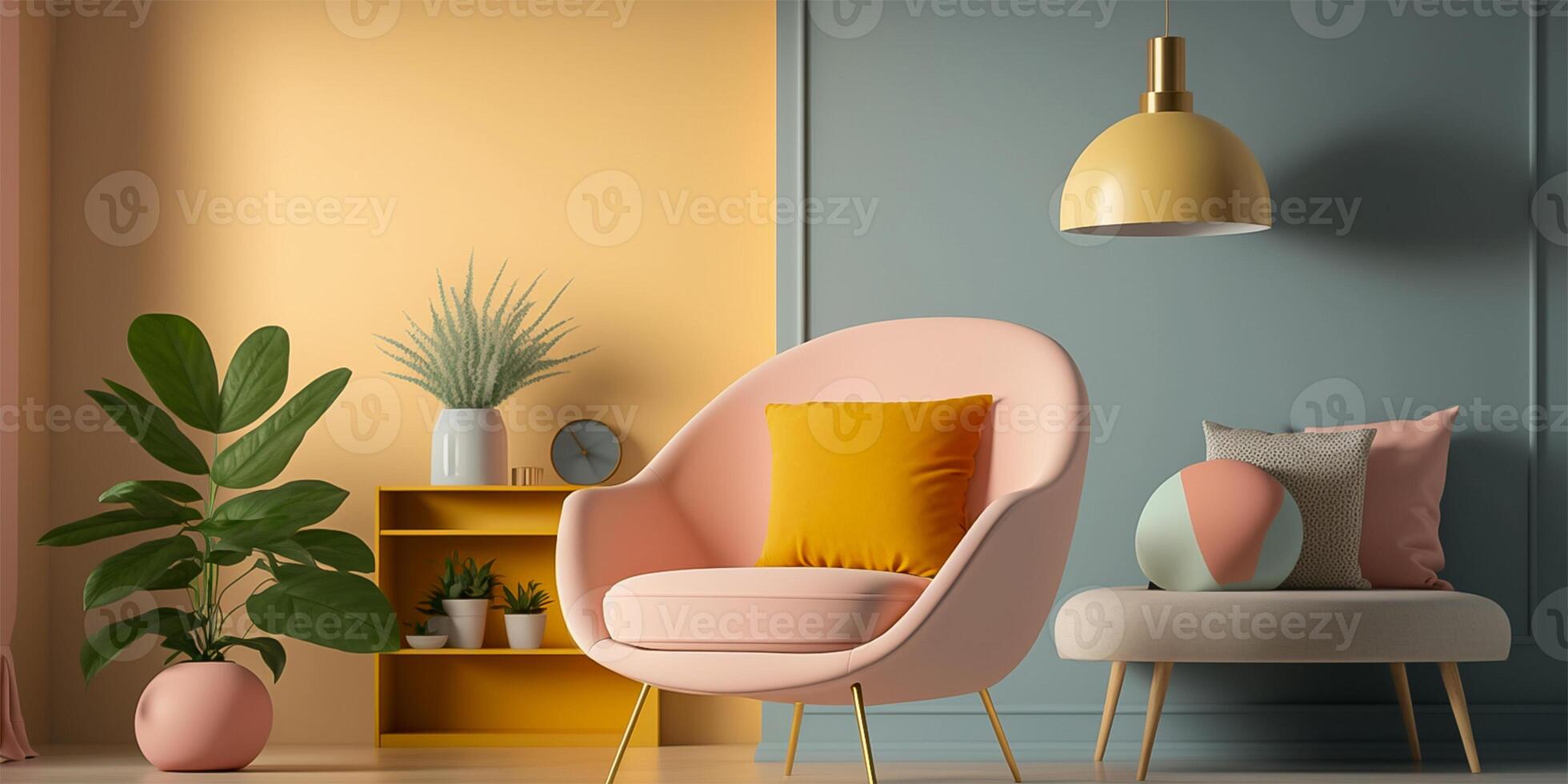 Modern wooden living room armchair on empty pastel colored wall background. Minimalist interior design. . photo