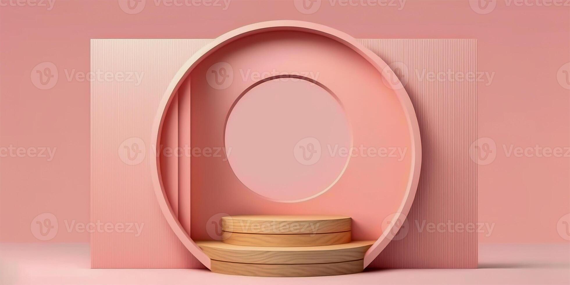 Pink pastel rounded podium for cosmetic product promotion on empty pastel plain background. 3D render mockup illustration. . photo