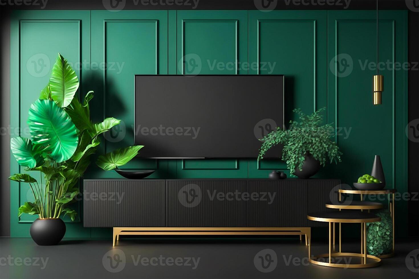 TV cabinet with green and black modern minimal interior design. Minimalist interior 3D render. . photo