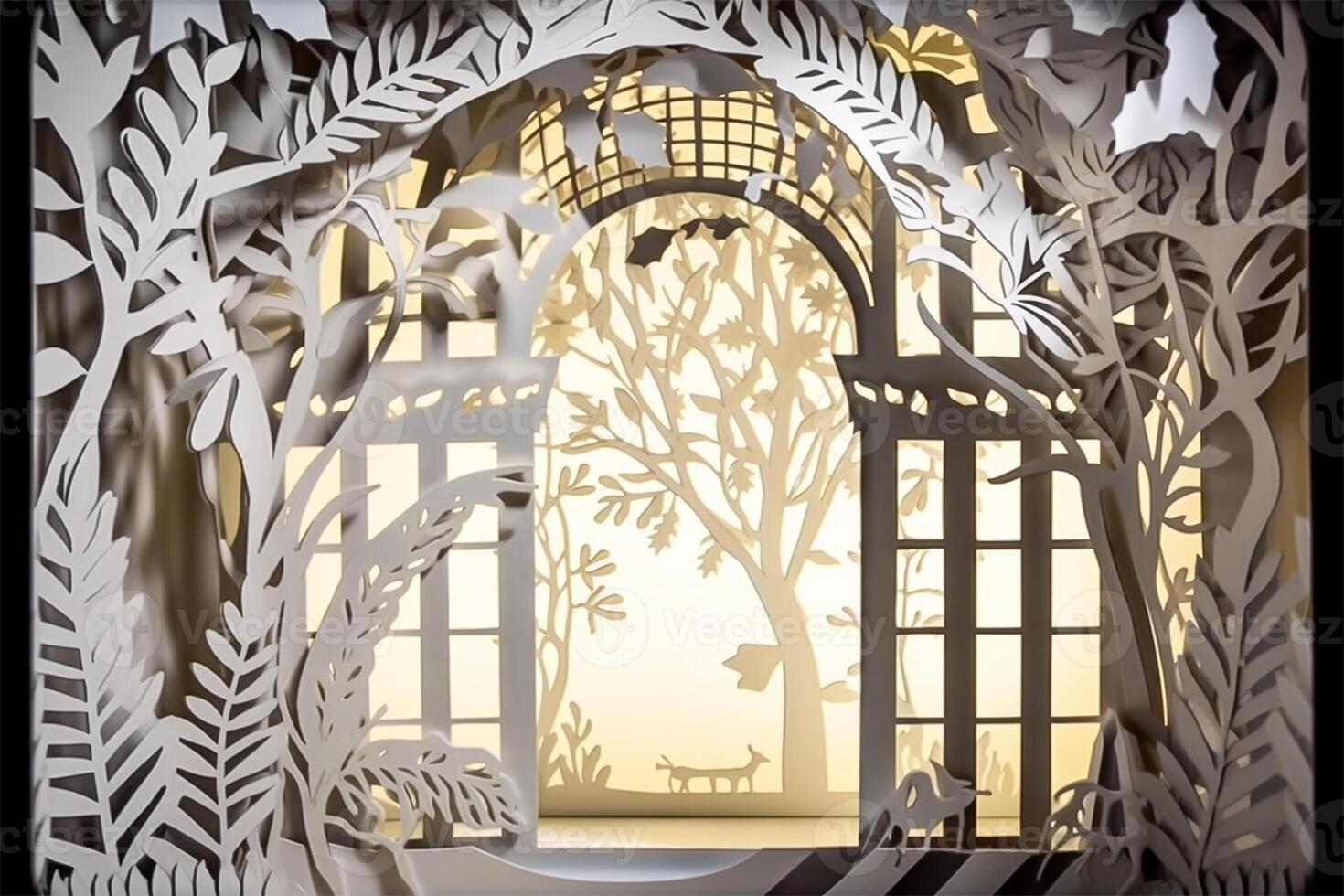 Paper cut craft of tunnel inside forest. Multi layered paper craft work, forest, jungle, door. . photo