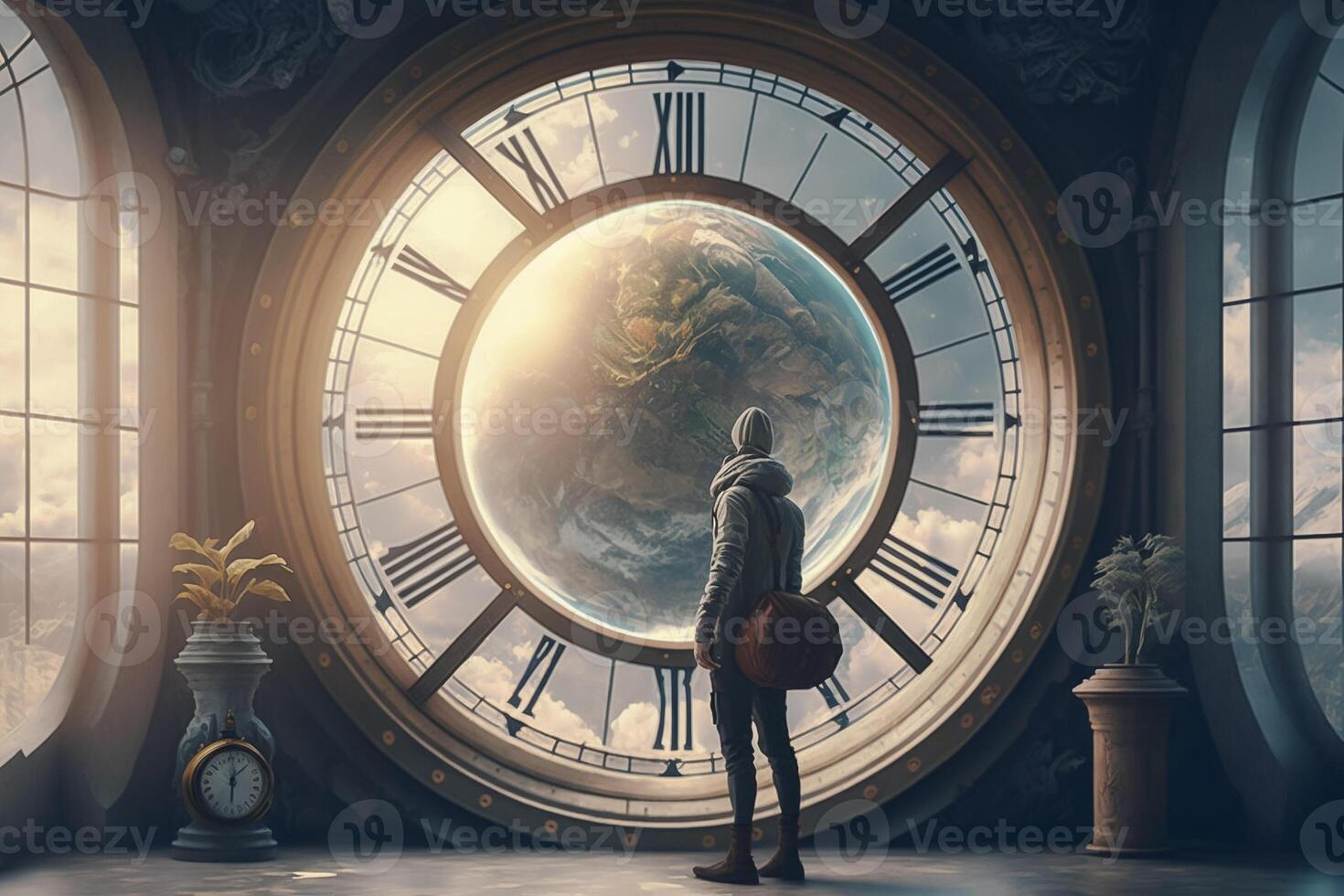 Man wearing jacket in front of clock window watching over the horizon. Illustration. photo