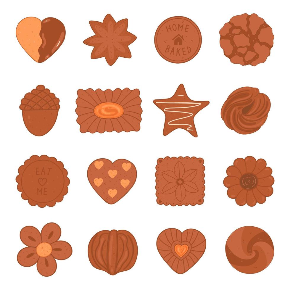 Set of top view chocolate cookies isolated on white background. Vector graphics.