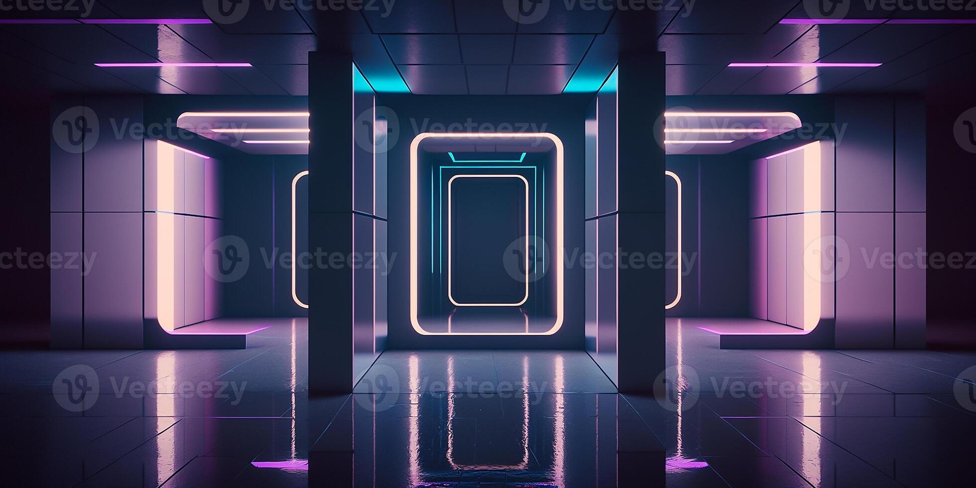 Futuristic sci fi neon light glowing inside spaceship tunnel room stage hall. illustration. photo