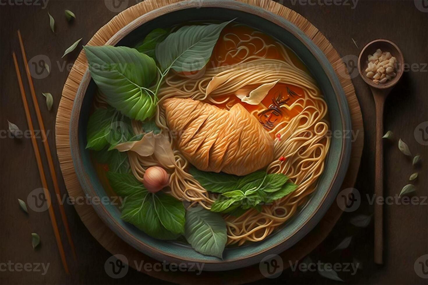 Japanese ramen bowl hot served with chopstick on table. illustration. photo