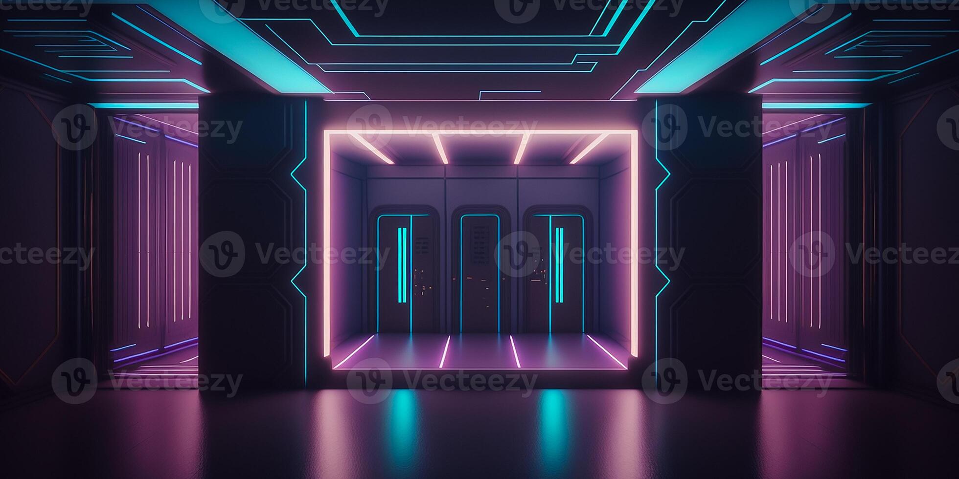 Futuristic sci fi neon light glowing inside spaceship tunnel room stage hall. illustration. photo