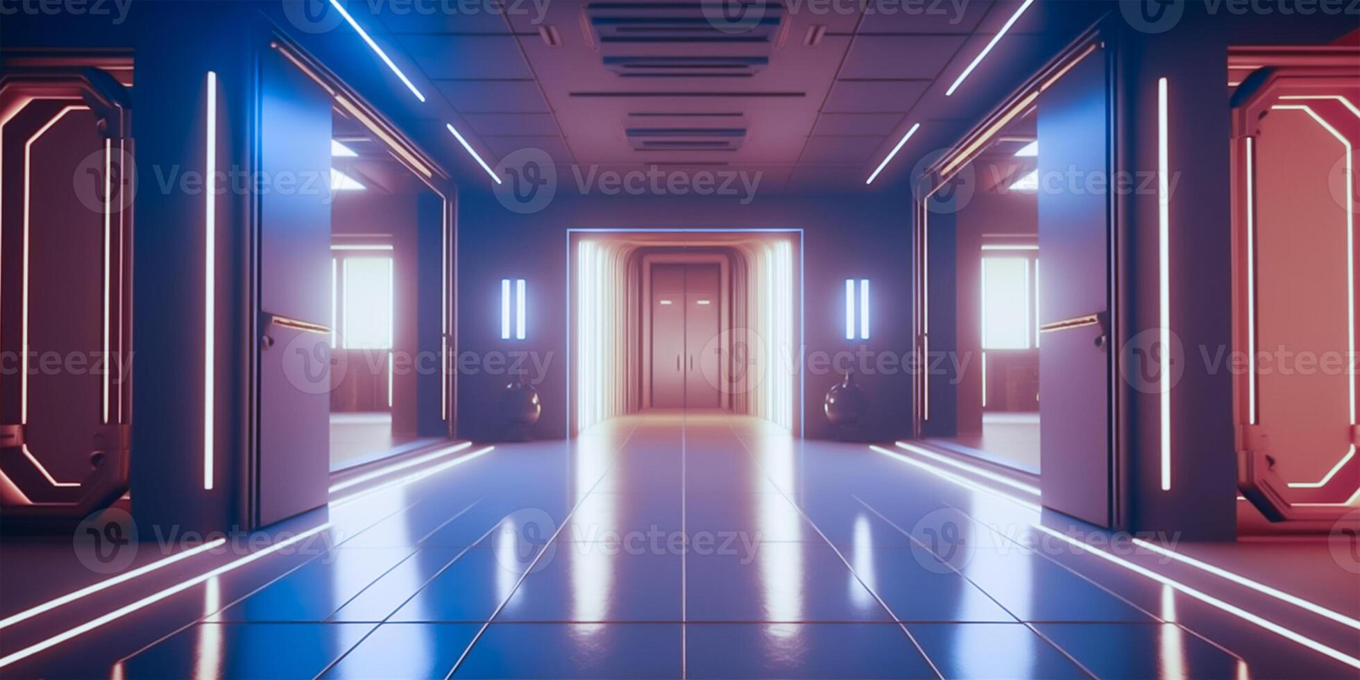 Futuristic sci fi neon light glowing inside spaceship tunnel room stage hall. illustration. photo