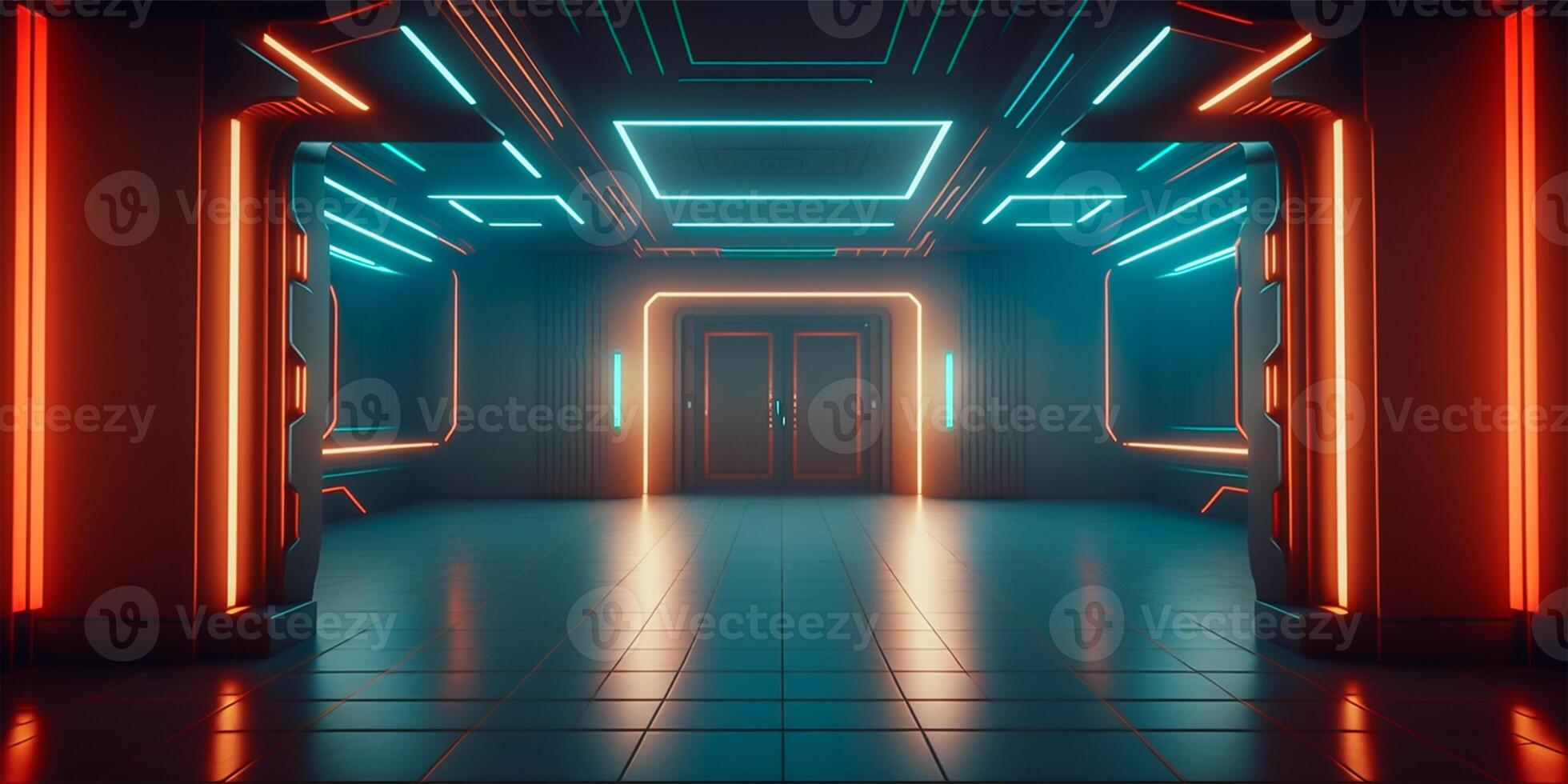 Futuristic sci fi neon light glowing inside spaceship tunnel room stage hall. illustration. photo