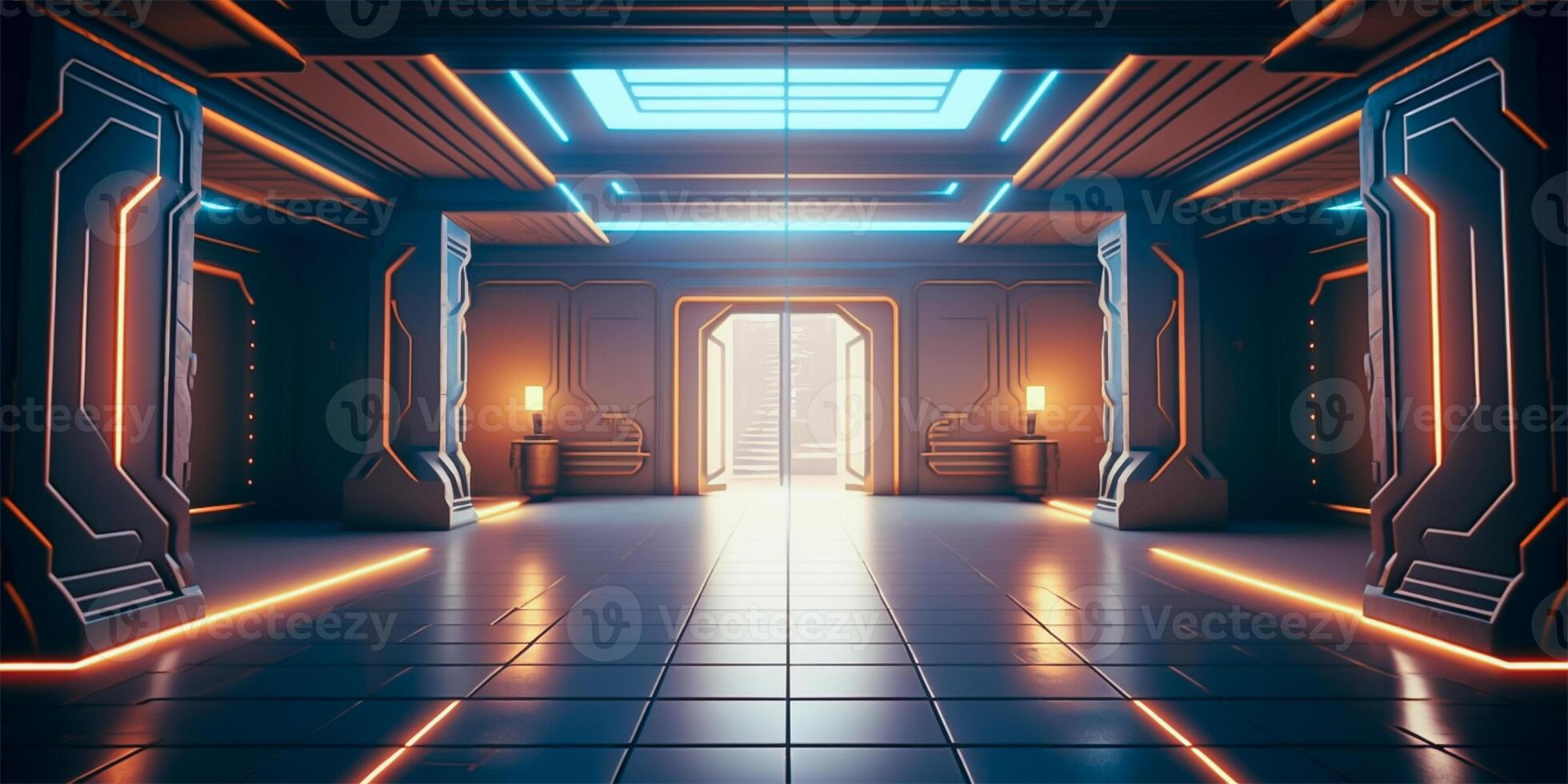 Futuristic sci fi neon light glowing inside spaceship tunnel room stage hall. illustration. photo