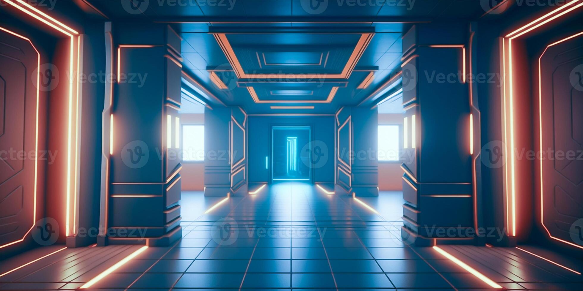 Futuristic sci fi neon light glowing inside spaceship tunnel room stage hall. illustration. photo