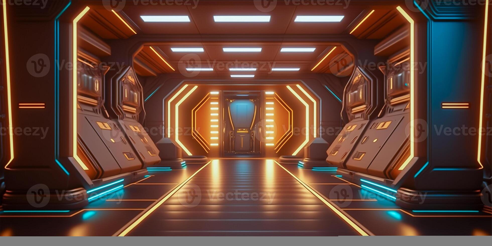 Futuristic sci fi neon light glowing inside spaceship tunnel room stage hall. illustration. photo