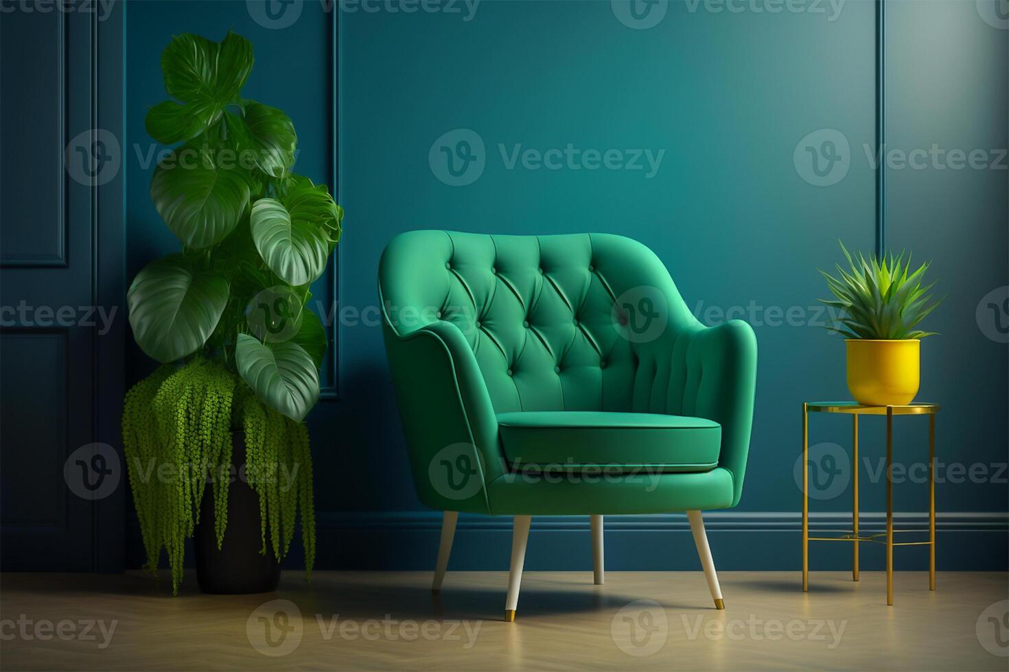 Green armchair inside modern wooden living room on empty green wall background. Minimalist interior design. . photo