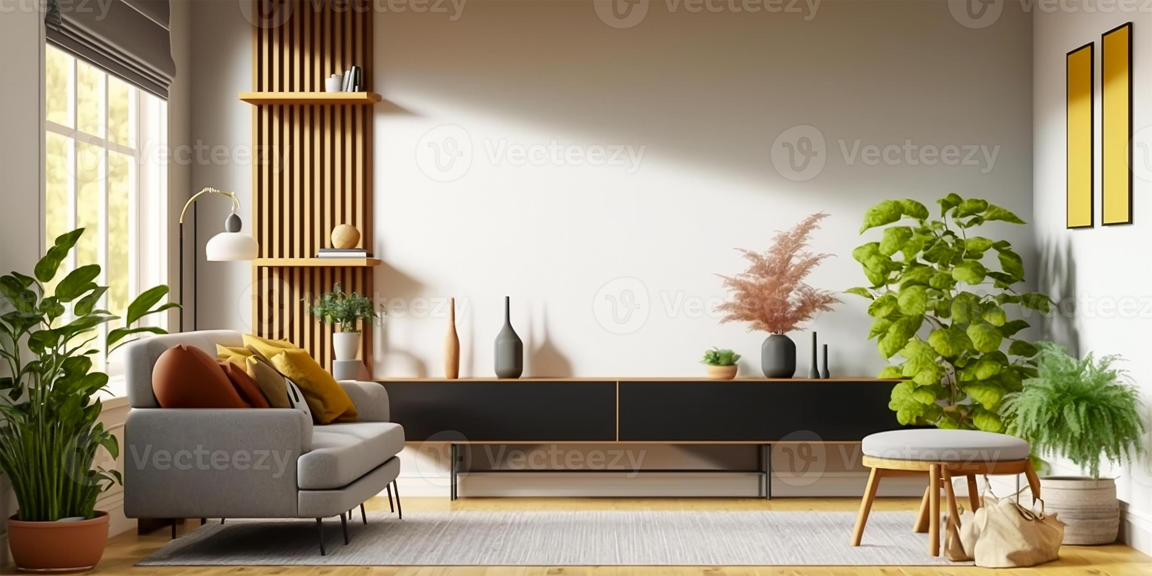 Large empty wall frame mockup with modern living room interior