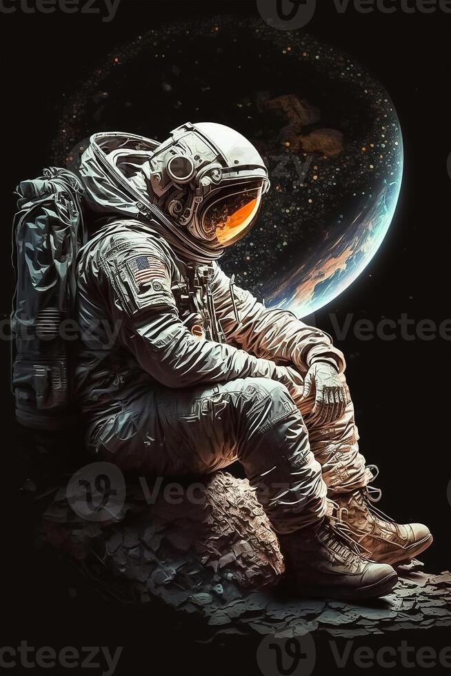 Man in astronaut suit sitting on the cracked stone with outer space and galaxy background. Photorealistic sci-fi spaceman. illustration. photo