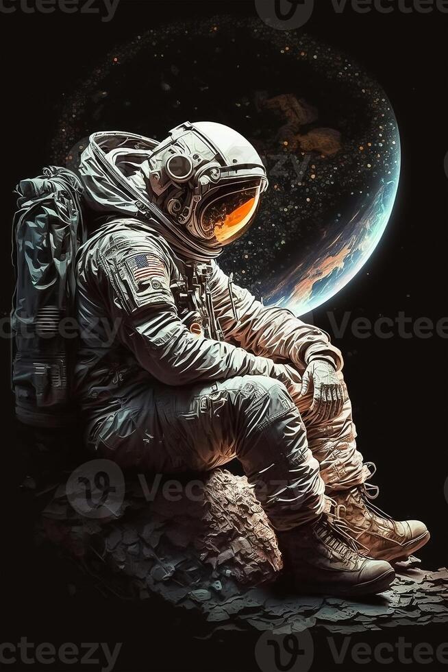 Man in astronaut suit sitting on the cracked stone with outer space and