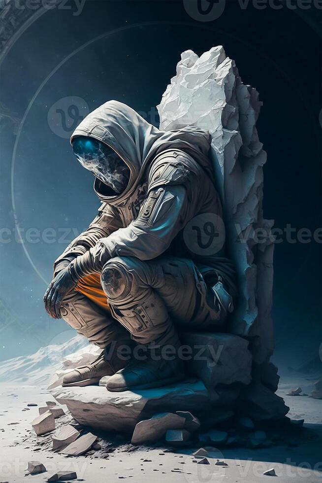 hombre en astronauta traje sentado en el agrietado Roca con exterior espacio y galaxia antecedentes. fotorrealista ciencia ficción astronauta. generativo ai ilustración. foto