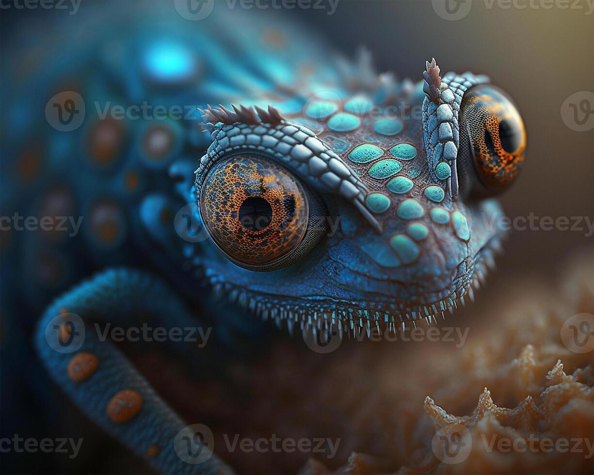 Macro close up of blue chameleon on rough defocused surface environment. illustration. photo