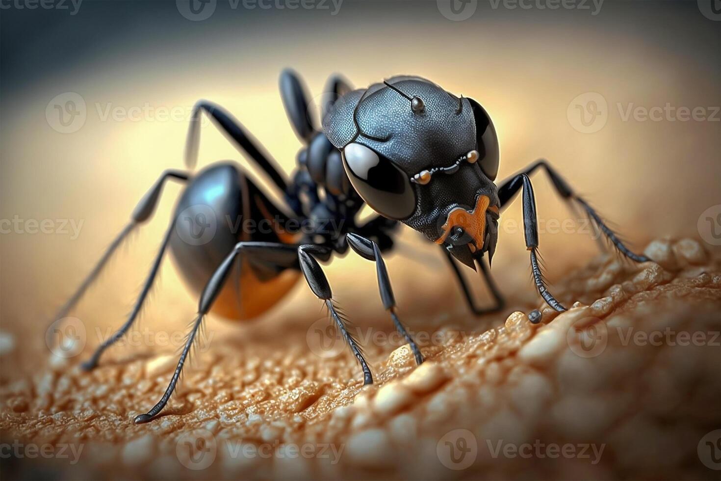 Close up black ant on the yellow sand surface with defocused macro background. illustration. photo