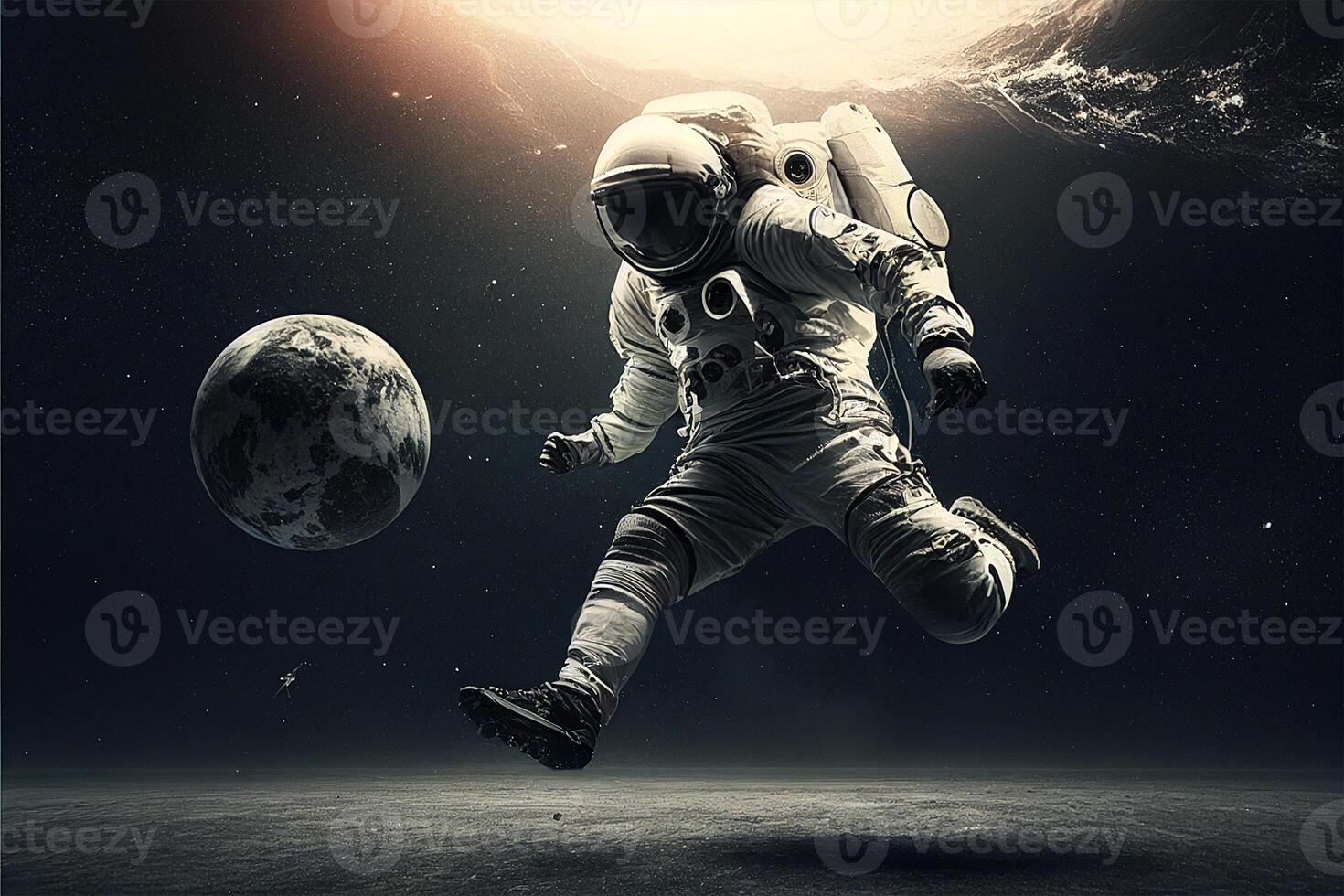 Astronaut playing soccer in empty space. illustration photo