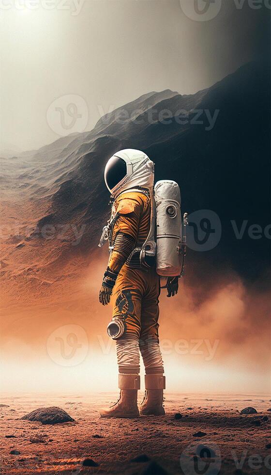 Astronaut in deserted land. Space travel and exploration concept. illustration. photo