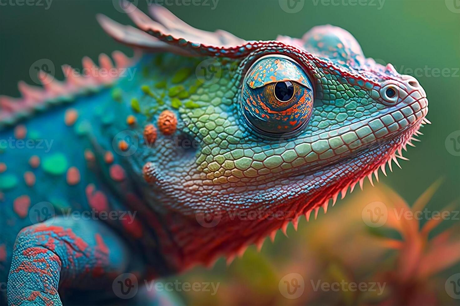Close up portrait of colorful vibrant chameleon on tree branch with defocused environment background. illustration. photo