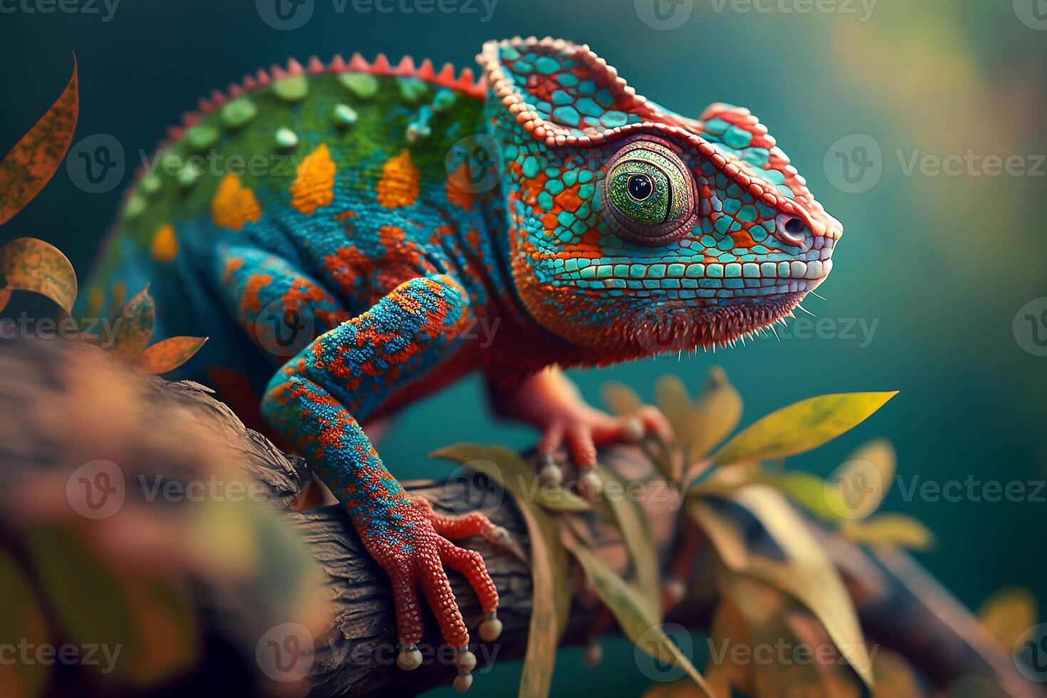 Close up portrait of colorful vibrant chameleon on tree branch with defocused environment background. illustration. photo