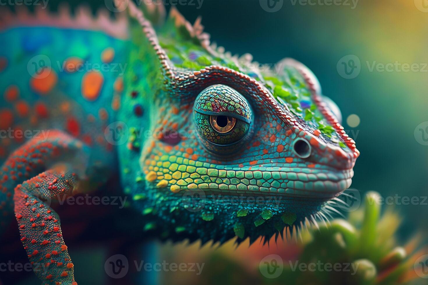 Close up portrait of colorful vibrant chameleon on tree branch with defocused environment background. illustration. photo