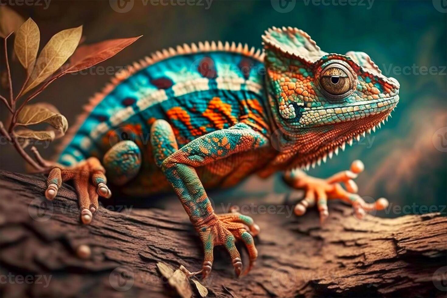 Close up portrait of colorful vibrant chameleon on tree branch with defocused environment background. illustration. photo
