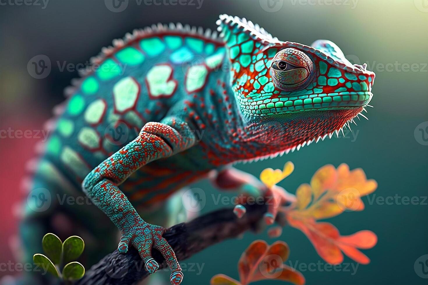 Close up portrait of colorful vibrant chameleon on tree branch with defocused environment background. illustration. photo