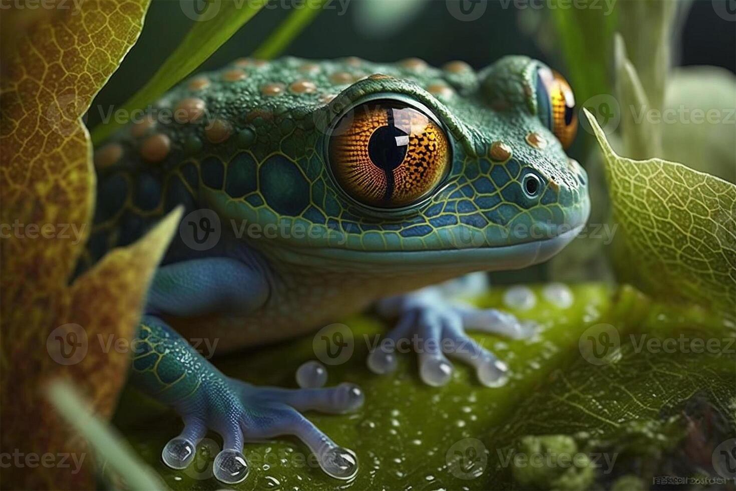 Red eyed tree frog hop on leaf. Amphibian closeup macro portrait. illustration. photo