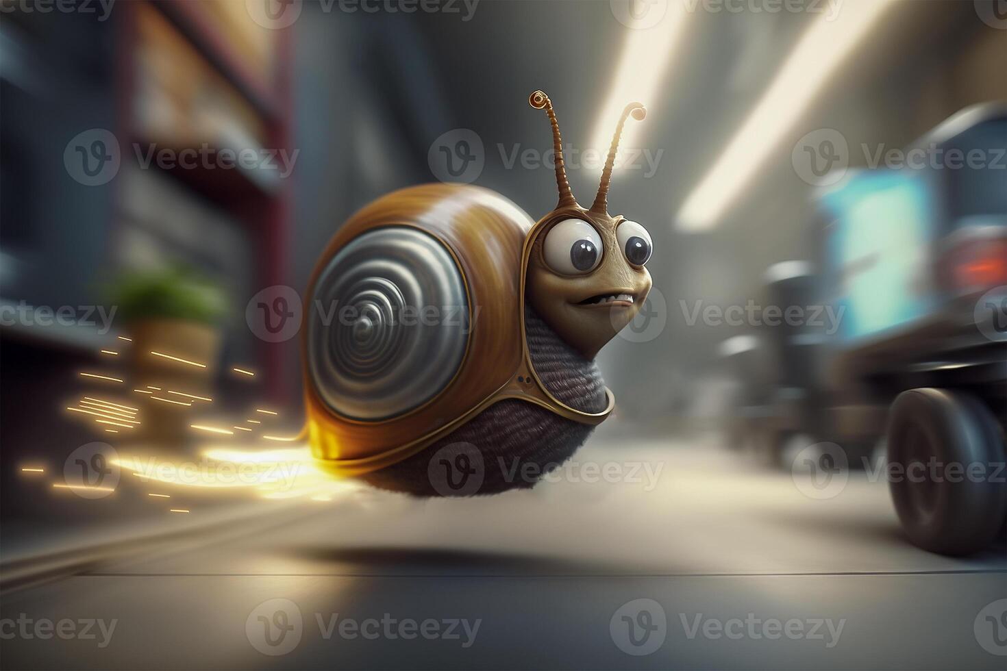 A snail running at lightspeed leaving behind spark trails. Fast speed snail concept. illustration. photo