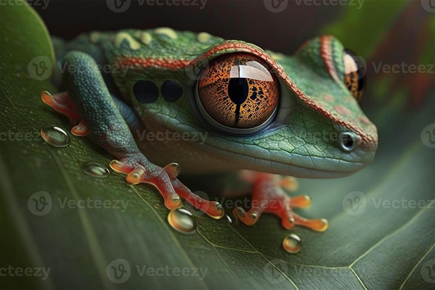 Red eyed tree frog hop on leaf. Amphibian closeup macro portrait. illustration. photo