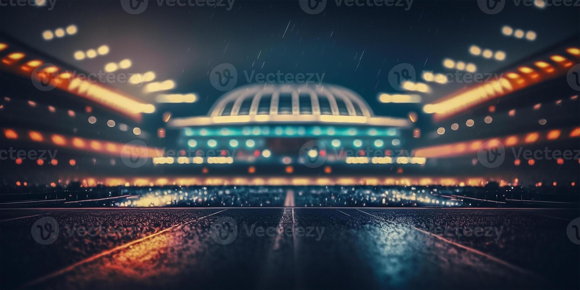 Football stadium on rainy night. Tilt shift defocused photo of soccer stadium background. illustration.