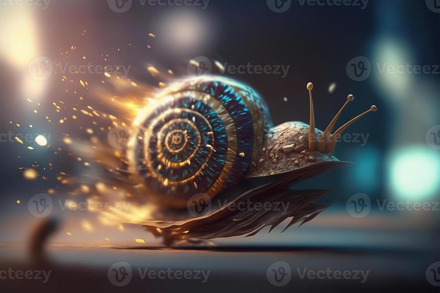 A snail running at lightspeed leaving behind spark trails. Fast speed snail concept. illustration. photo