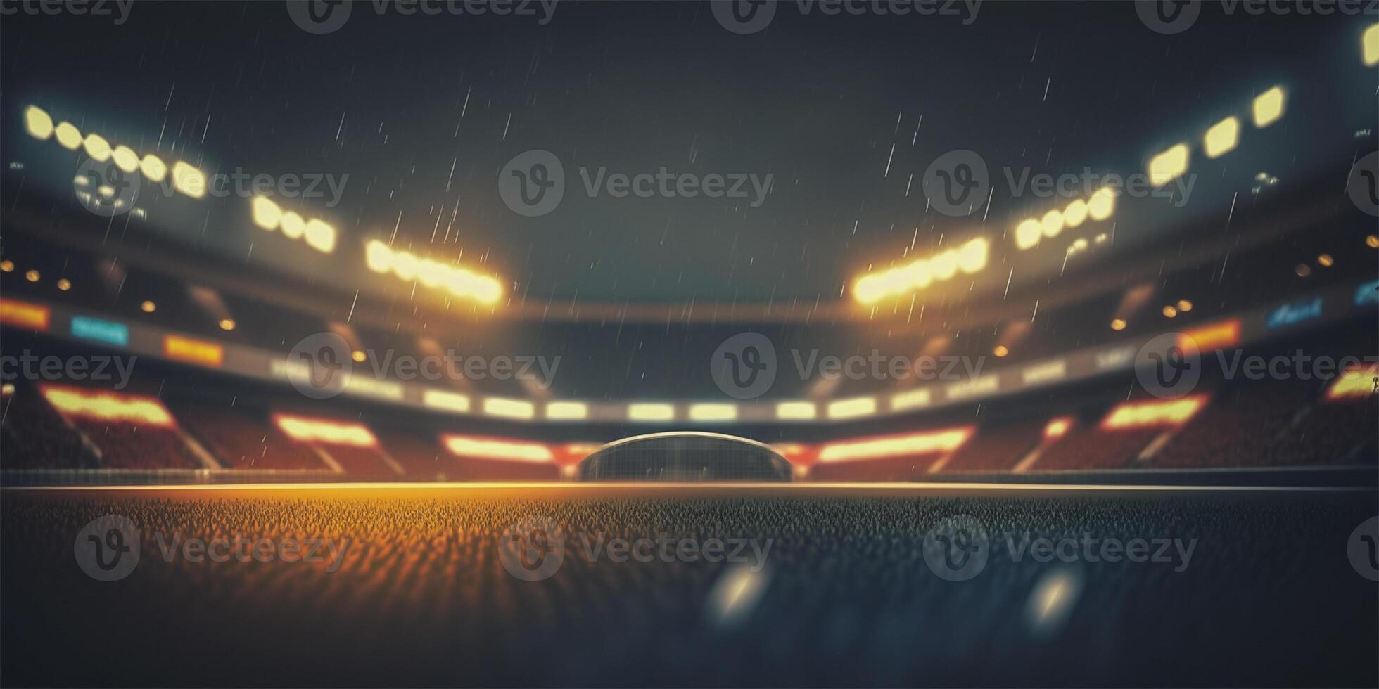 Football stadium on rainy night. Tilt shift defocused photo of soccer stadium background. illustration.