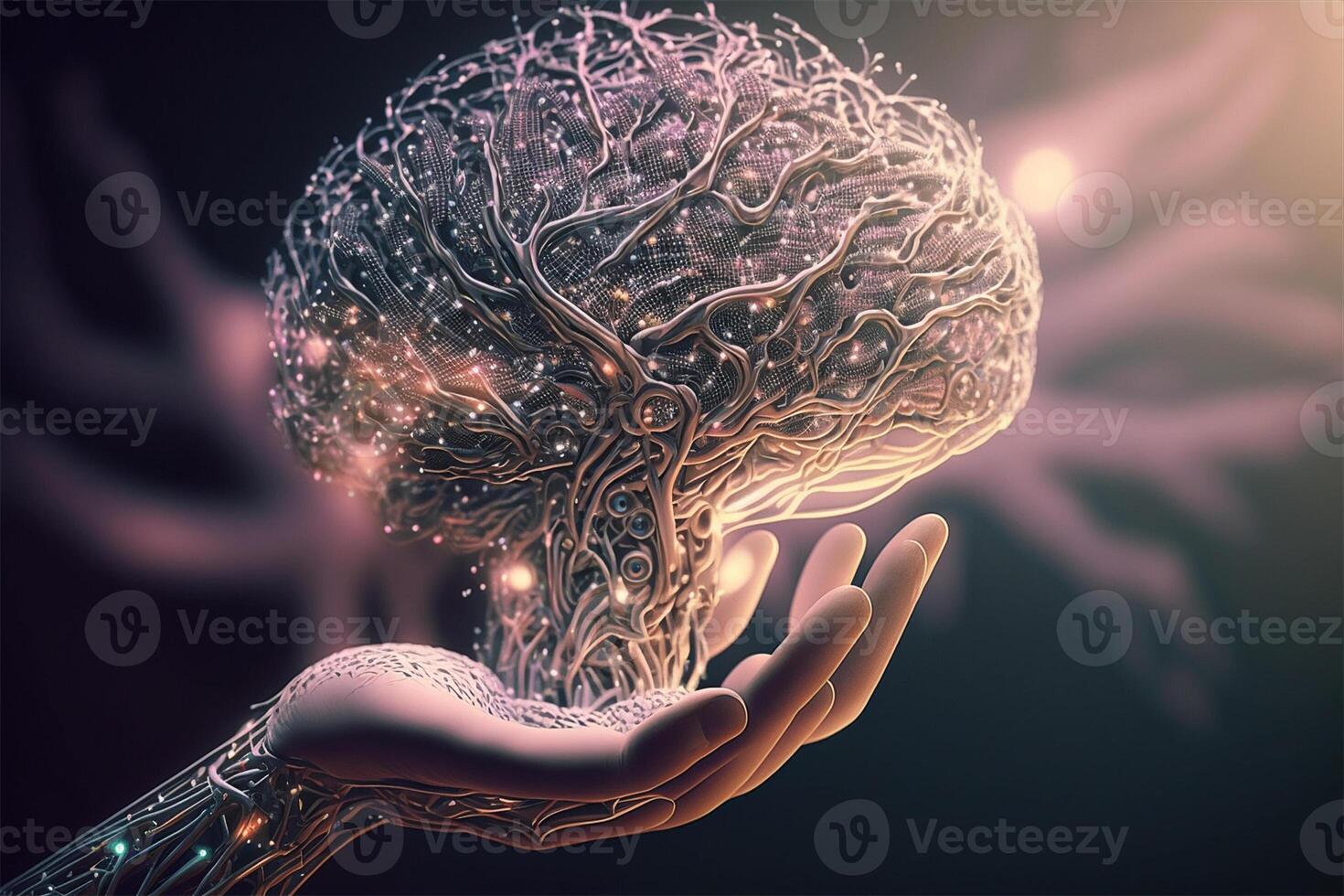 Hand holding artificial intelligence human neural network brain. Futuristic digital brain technology concept. illustration. photo