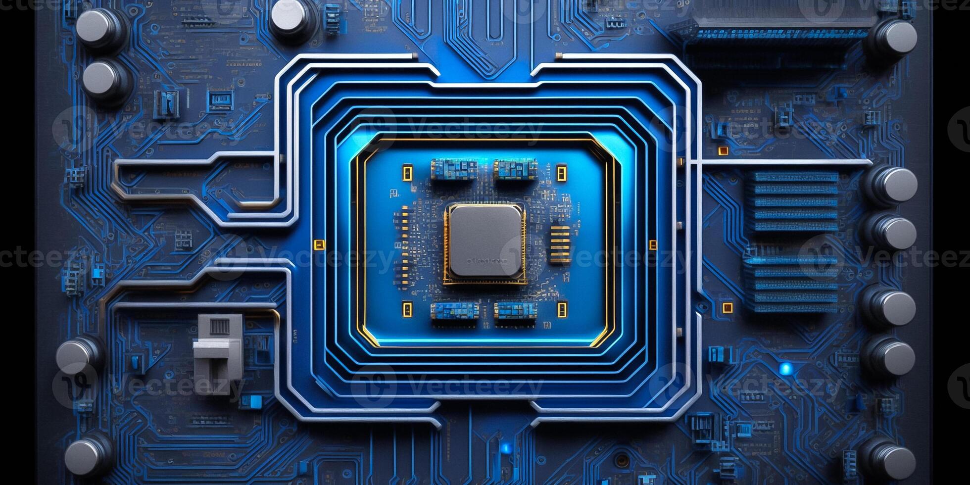 Futuristic electronic microchip circuit board close up concept illustration. illustration. photo