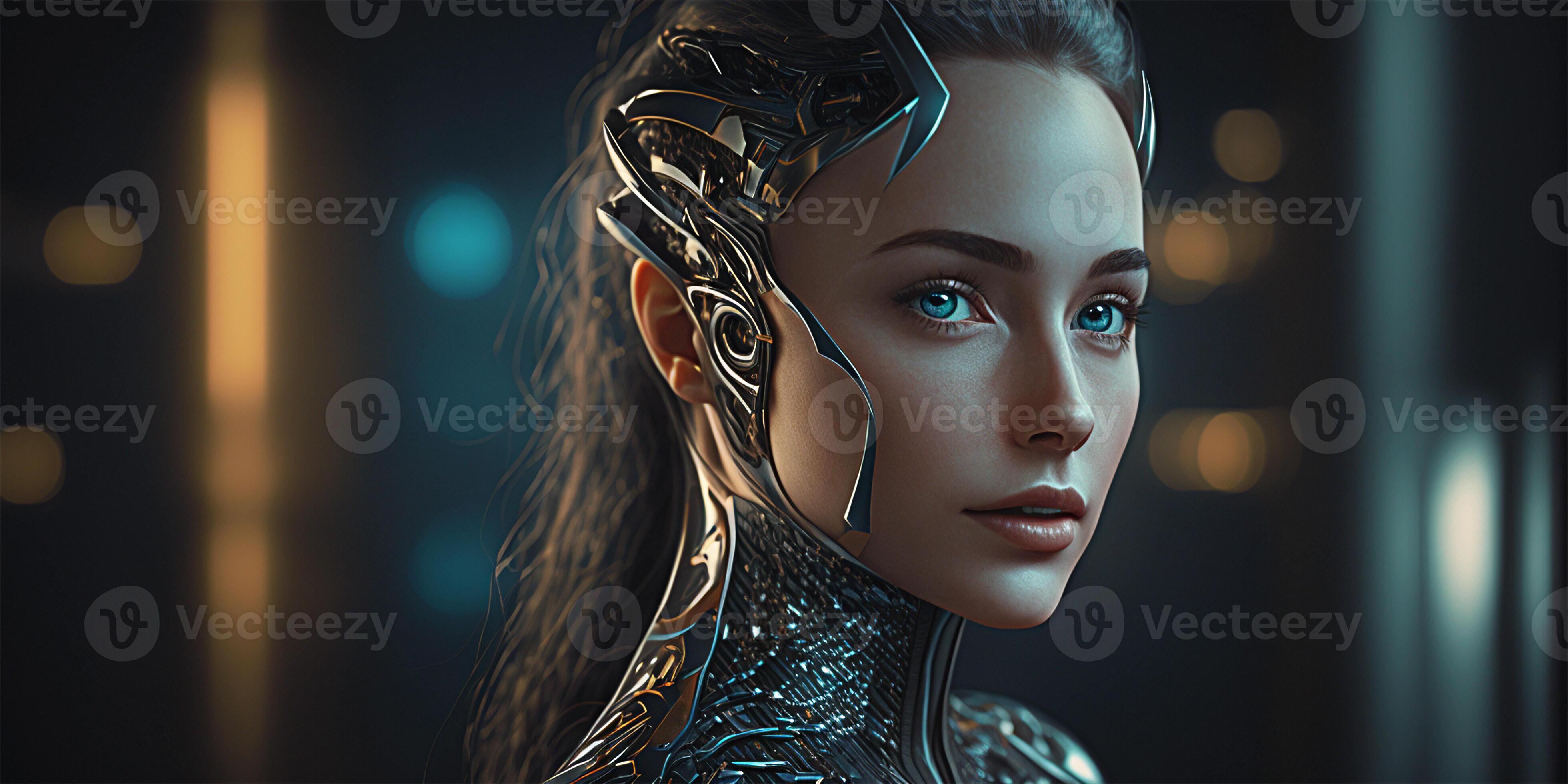 Futuristic cyborg robotic girl with a complex neural brain threads