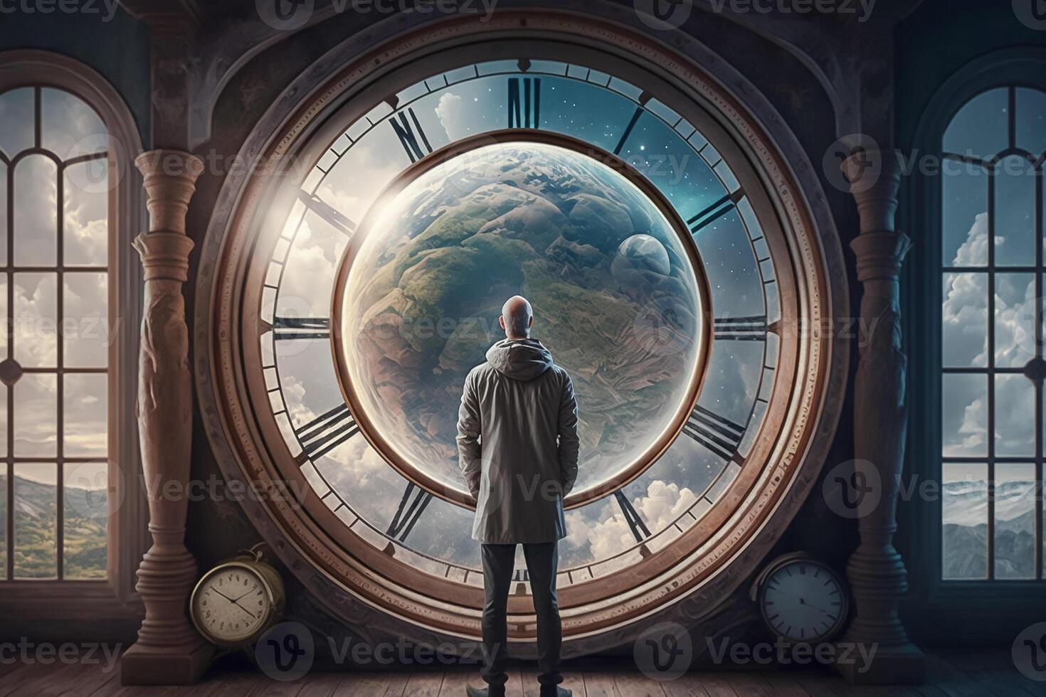 Man wearing jacket in front of clock window watching over the horizon. Illustration. photo