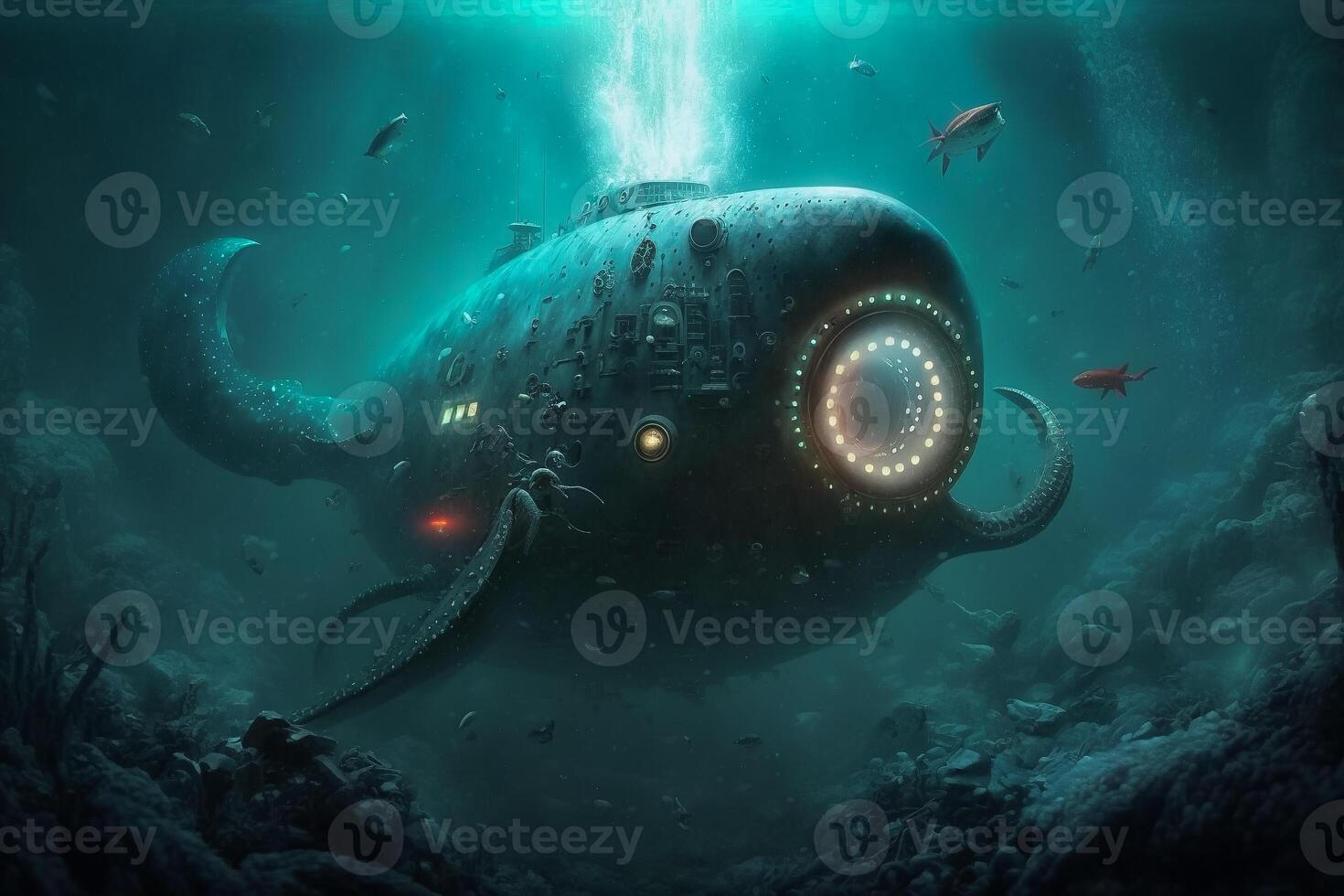 Gigantic fantasy submarine with tentacles drowning under the deep of ocean. illustration. photo