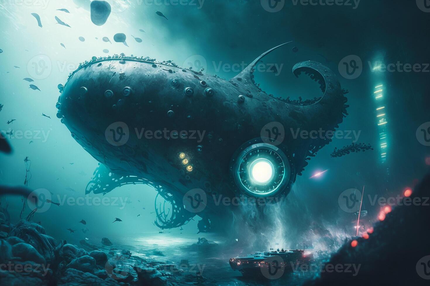 Gigantic fantasy submarine with tentacles drowning under the deep of ocean. illustration. photo