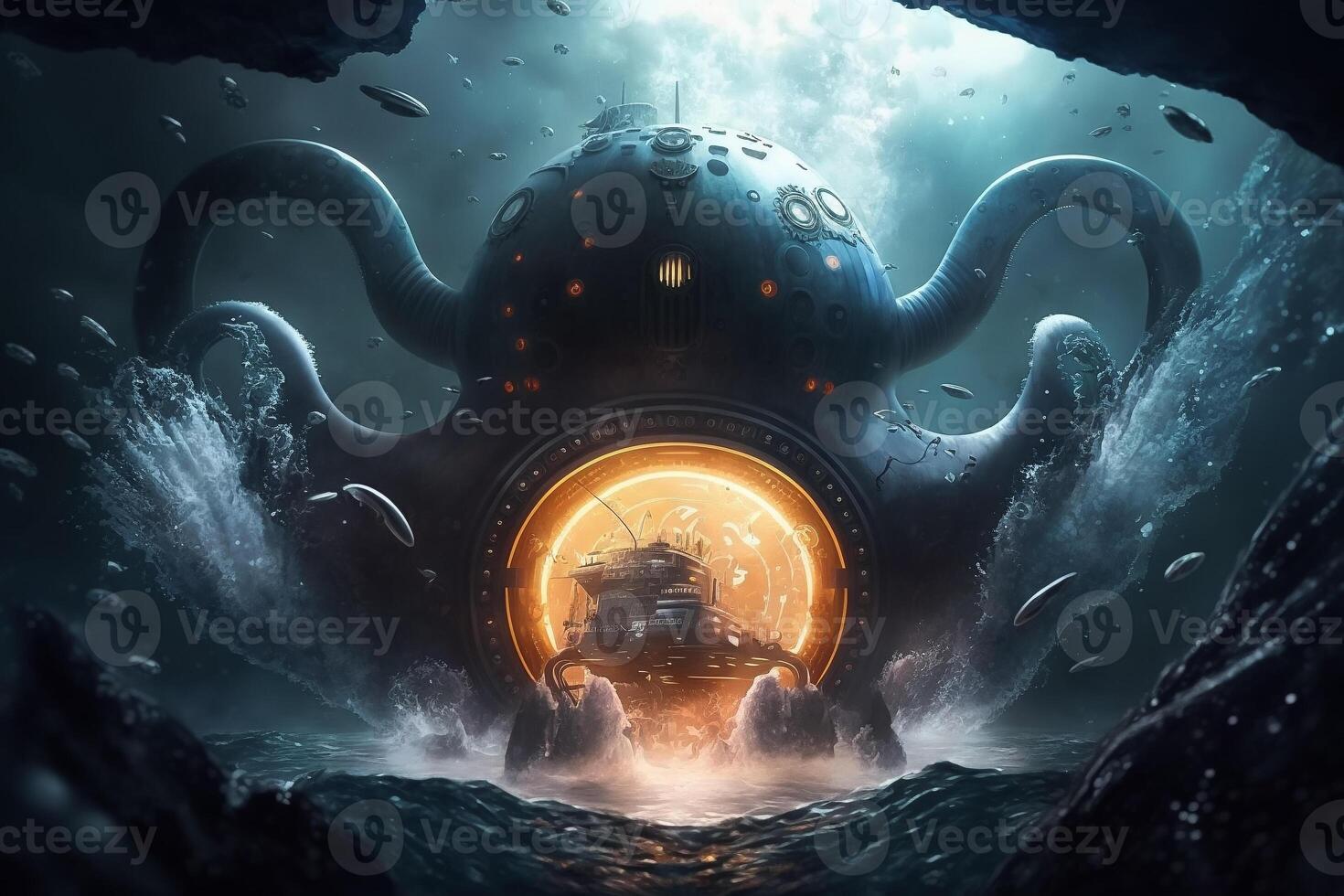 Gigantic fantasy submarine with tentacles drowning under the deep of ocean. illustration. photo