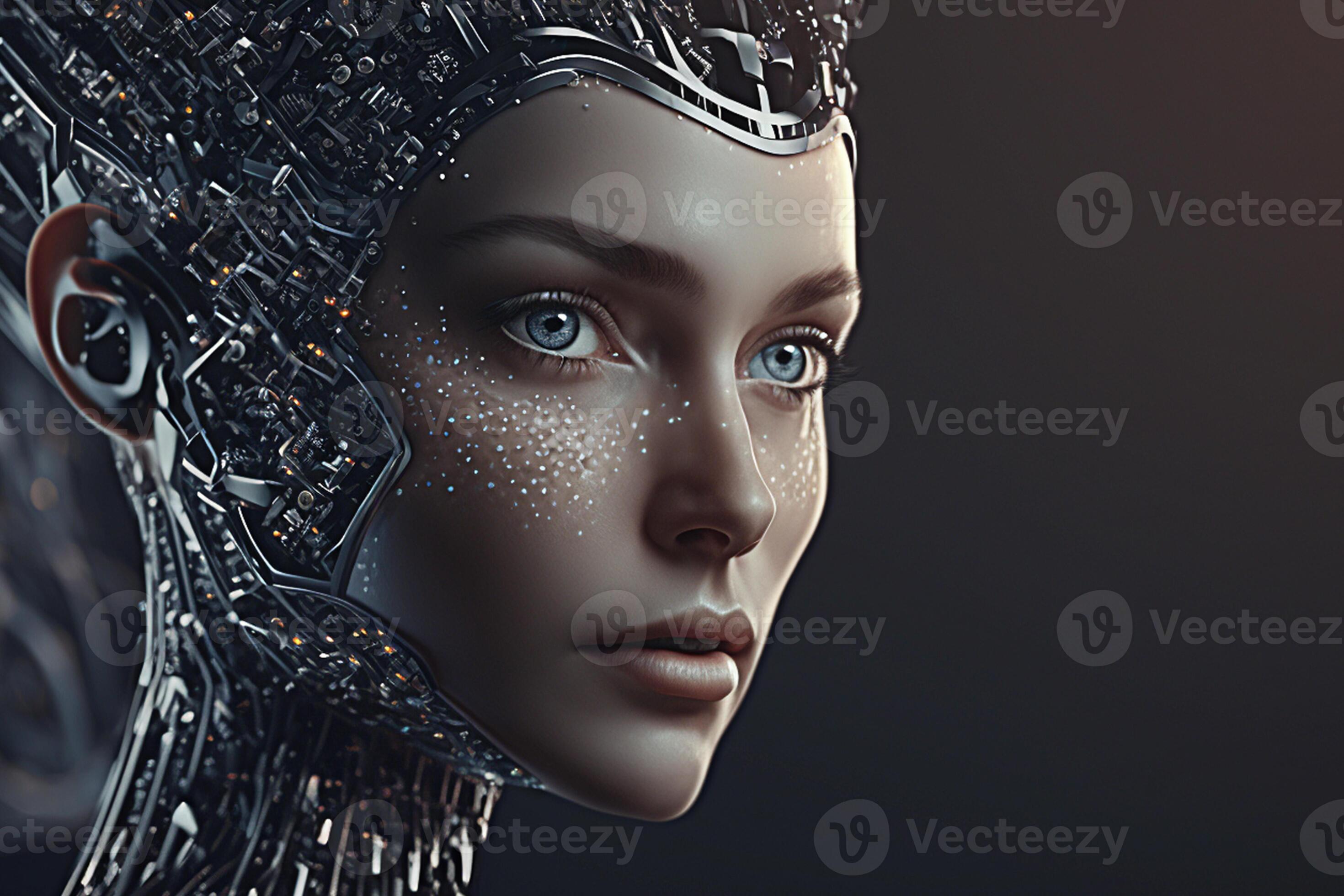 Futuristic cyborg robotic girl with a complex neural brain threads