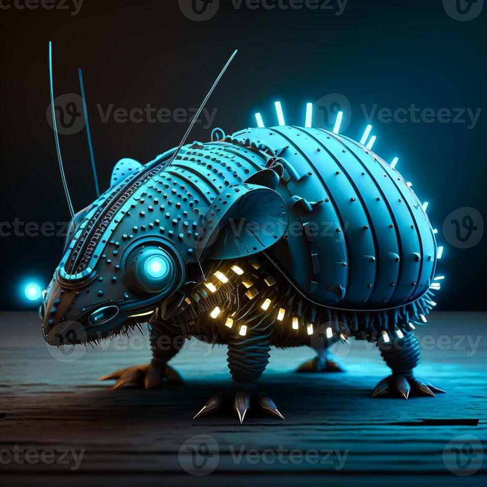 Futuristic armadillo cyborg fantasy creature with blue neon lights. illustration. photo