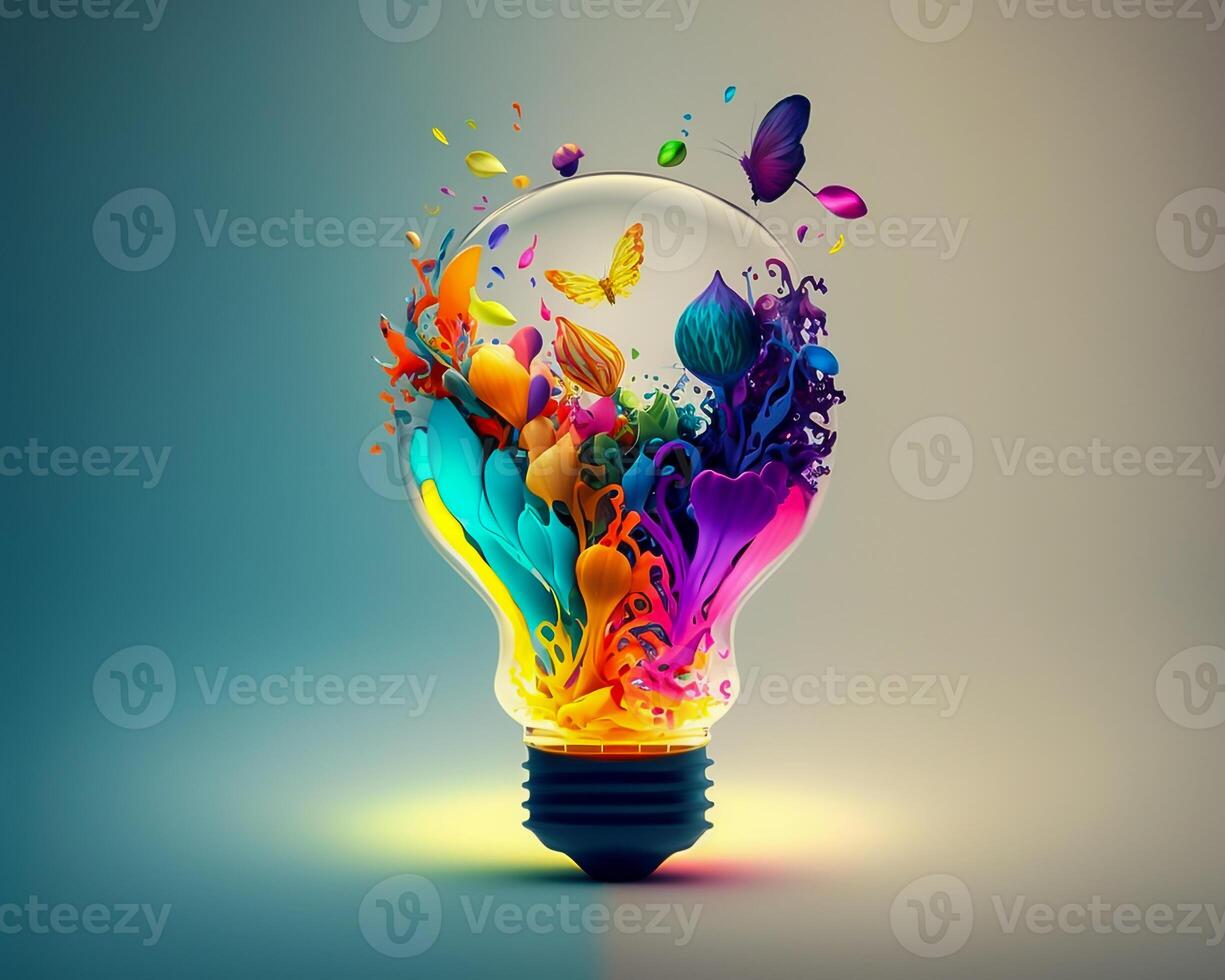 Light bulb filled with abstract colorful object. Creative idea concept. illustration. photo