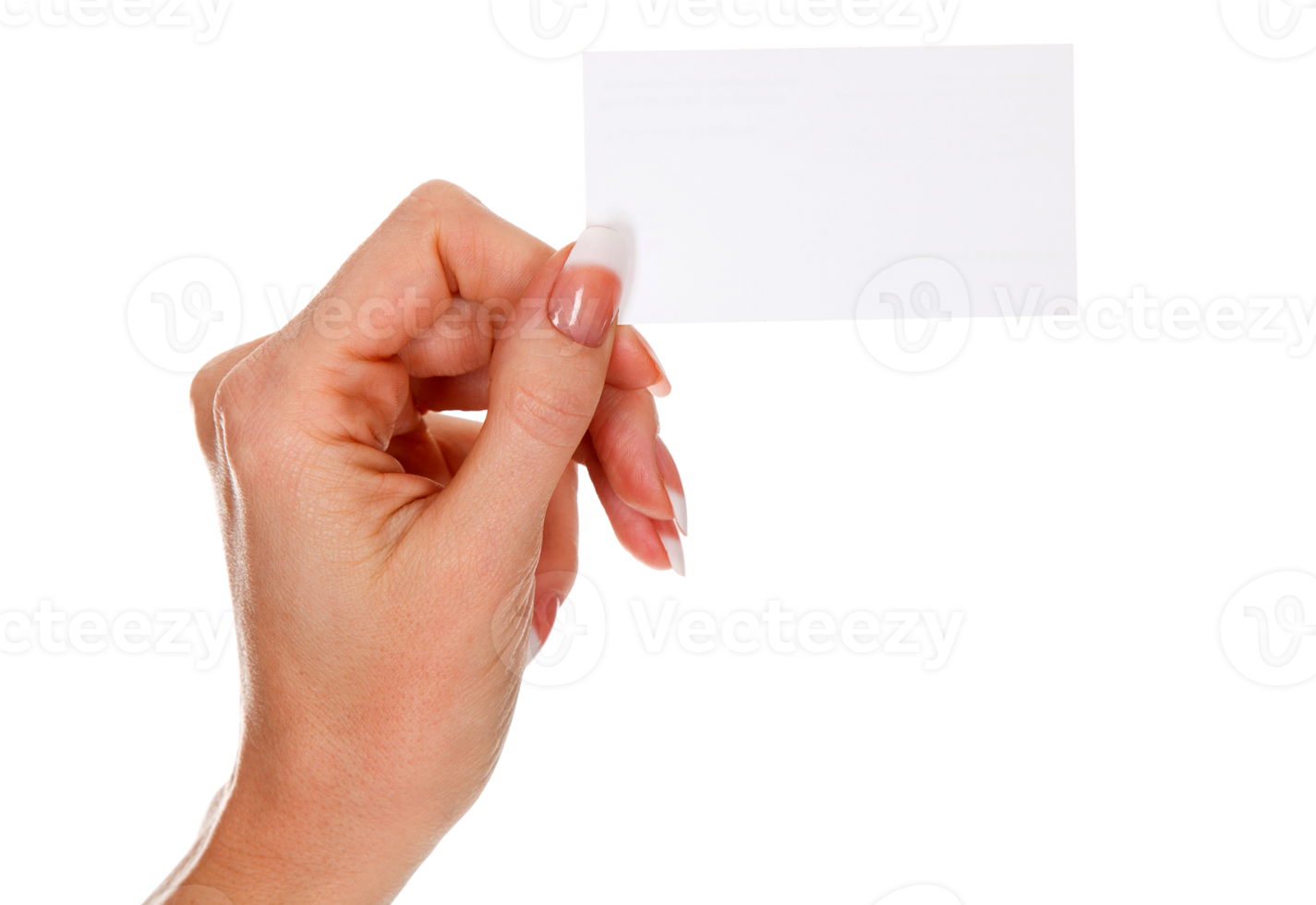 Female hand holding a blank business card, isolated png