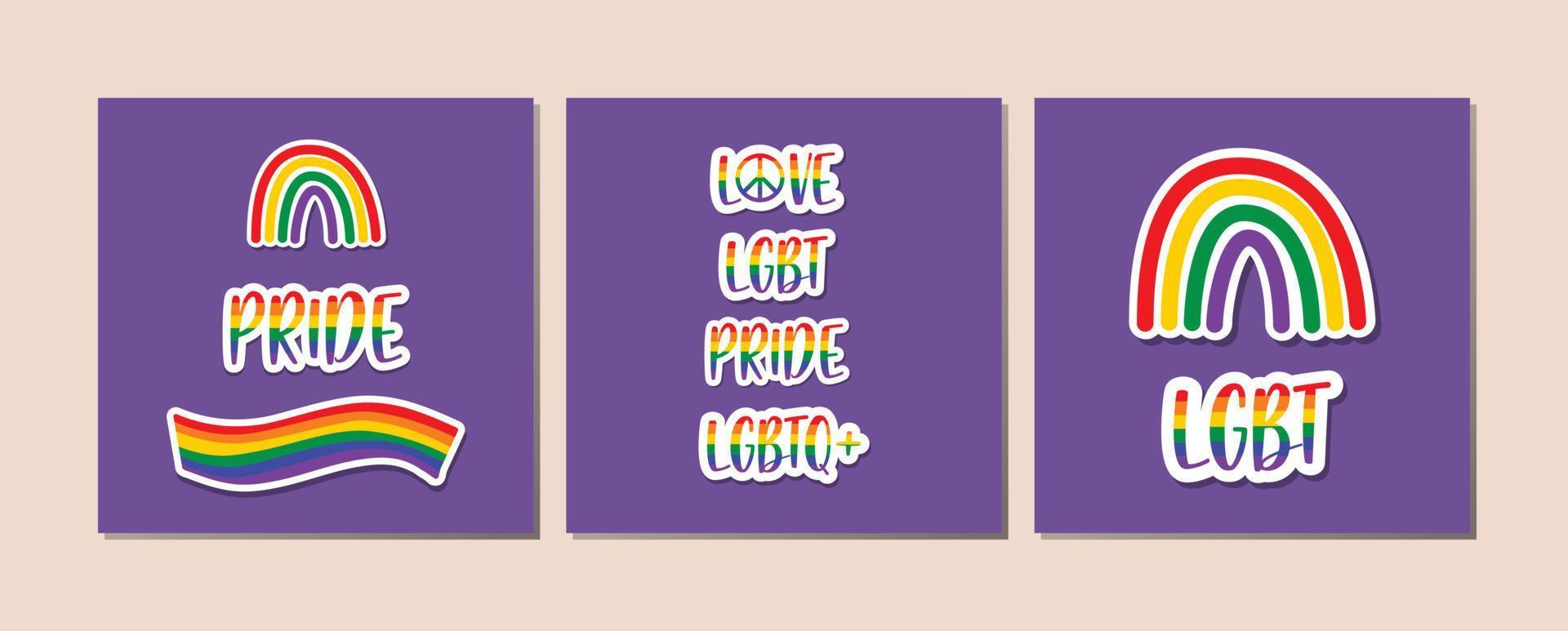 Set of LGBT Pride elements. Human rights and tolerance.  LGBT sticker set on grey background with light shadow. LGBTQ related symbol in rainbow colors. vector