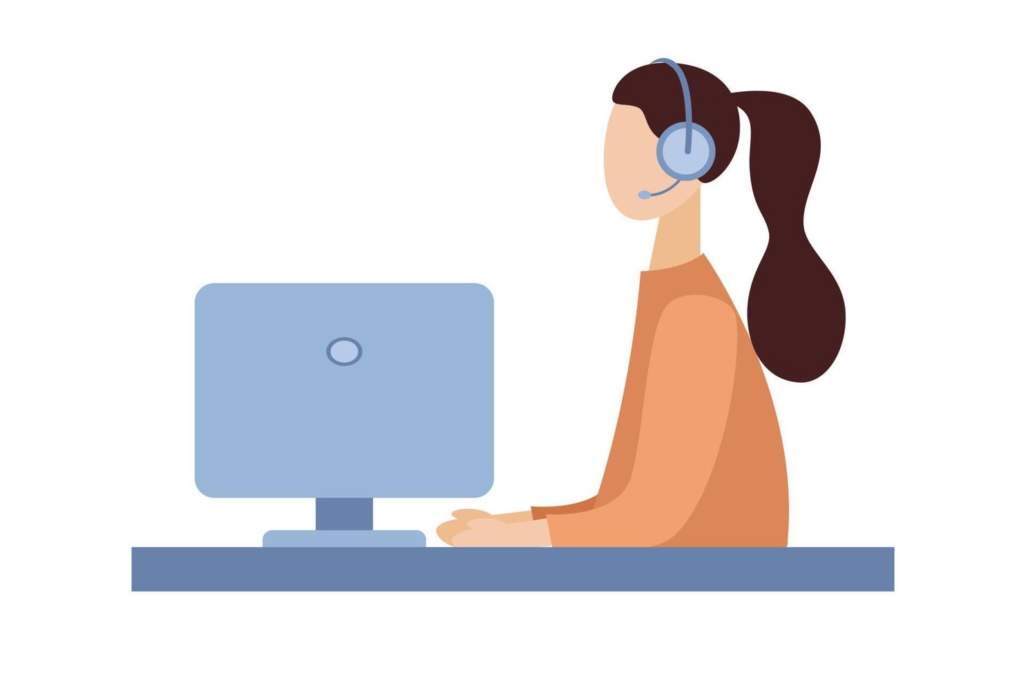 Customer service icon. Online support, Call center, hotline. Woman with headphones and microphone with computer. Vector flat illustration