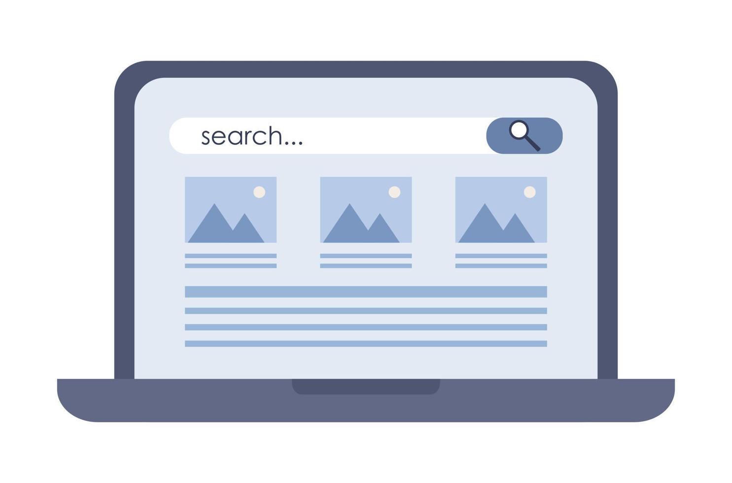 Search page on web page on laptop screen. Information search system. Vector flat illustration